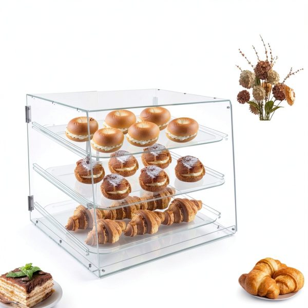 3-Tier Clear Pastry Display Cabinet, Commercial Acrylic Countertop Showcase with Magnetic Door & Removable Shelves, for Donuts Cakes Pastries Desserts in Bakeries Cafes Restaurants-2