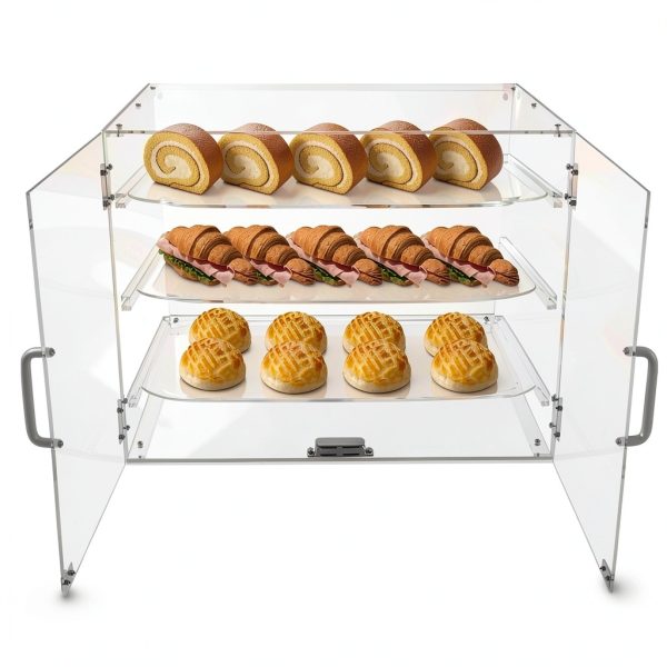 3-Tier Clear Pastry Display Cabinet, Commercial Acrylic Countertop Showcase with Magnetic Door & Removable Shelves, for Donuts Cakes Pastries Desserts in Bakeries Cafes Restaurants-0