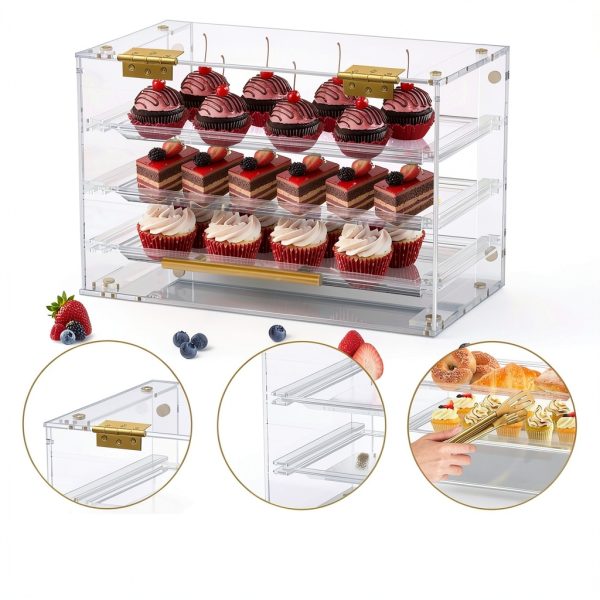 Bakery Display Case Countertop Ngdiluxury 3‑Tray Acrylic Gold Handles-2