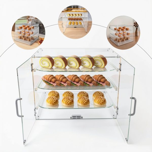 3-Tier Clear Pastry Display Cabinet, Commercial Acrylic Countertop Showcase with Magnetic Door & Removable Shelves, for Donuts Cakes Pastries Desserts in Bakeries Cafes Restaurants-7
