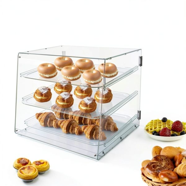 3-Tier Clear Pastry Display Cabinet, Commercial Acrylic Countertop Showcase with Magnetic Door & Removable Shelves, for Donuts Cakes Pastries Desserts in Bakeries Cafes Restaurants-5
