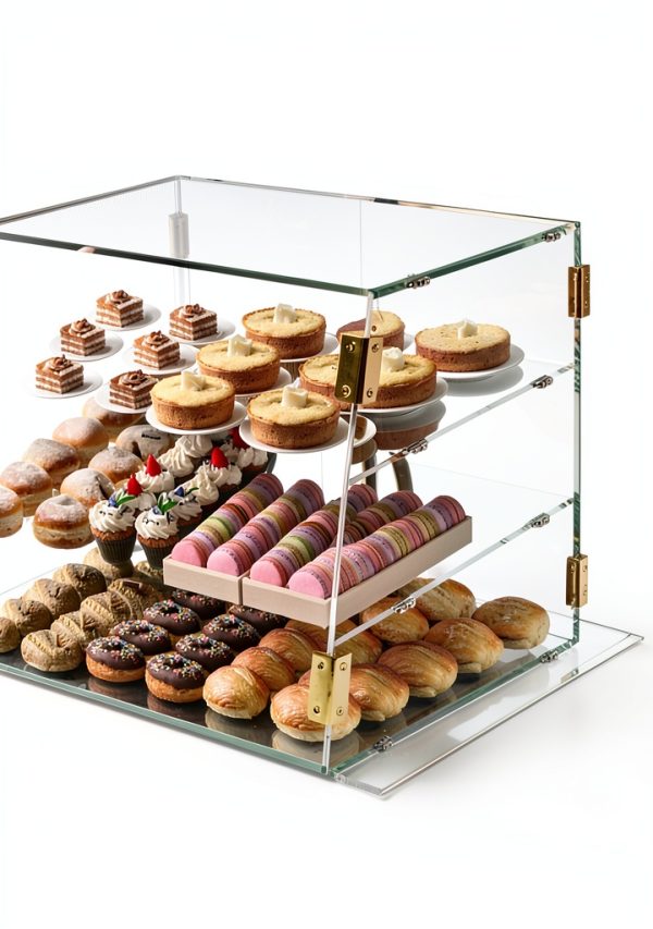 3-Tier Slanted Acrylic Bakery Display Case, 21"×17"×17" Commercial Countertop Pastry Showcase with Automatic-Closing Rear Doors for Donuts, Bagels, Macarons, Cupcakes-3