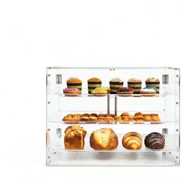 3 Tray Bakery Display Case for Commercial Countertop, 21" x 16" x 14" Acrylic Pastry Display Case with Magnetic Rear Doors & Removable Trays for Desserts Bread Donut Bagels-4