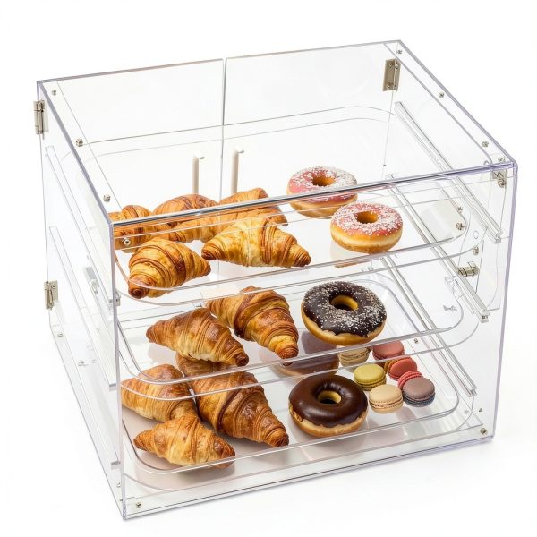 Malphi Acrylic 3-Tier Cafe Bakery Display Case, 21 x 17 x 16 inch, Removable Tray Shelves, Commercial Countertop Dessert Display Pastry Box with Magnetic Rear Door Access 3 Trays and bread clip-2