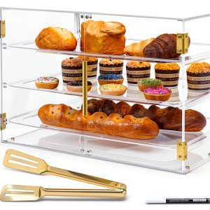 3 Tray Bakery Display Case for Commercial Countertop, 21" x 16" x 14" Acrylic Pastry Display Case with Magnetic Rear Doors & Removable Trays for Desserts Bread Donut Bagels-0