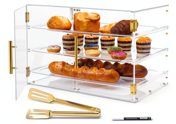 3 Tray Bakery Display Case for Commercial Countertop, 21" x 16" x 14" Acrylic Pastry Display Case with Magnetic Rear Doors & Removable Trays for Desserts Bread Donut Bagels-0