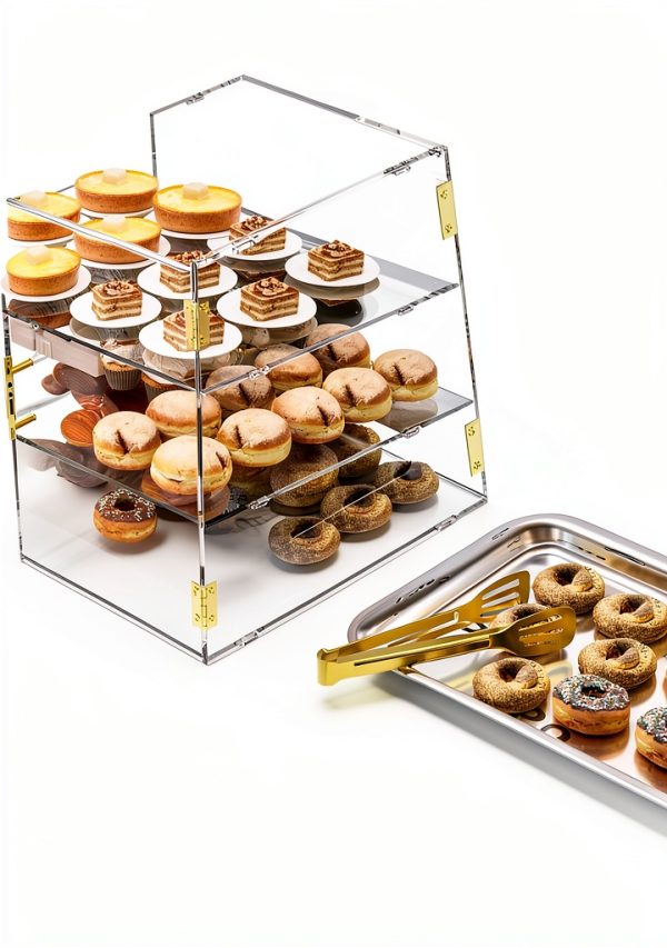 3-Tier Slanted Acrylic Bakery Display Case, 21"×17"×17" Commercial Countertop Pastry Showcase with Automatic-Closing Rear Doors for Donuts, Bagels, Macarons, Cupcakes-6