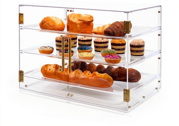 3 Tray Bakery Display Case for Commercial Countertop, 21" x 16" x 14" Acrylic Pastry Display Case with Magnetic Rear Doors & Removable Trays for Desserts Bread Donut Bagels-5