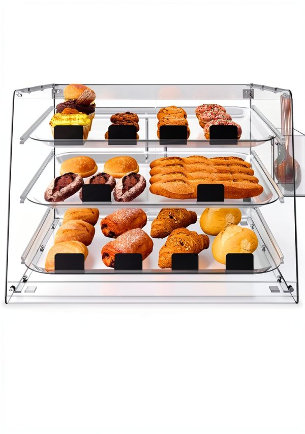 Malphi Acrylic 3-Tier Cafe Bakery Display Case, 21 x 17 x 16 inch, Removable Tray Shelves, Commercial Countertop Dessert Display Pastry Box with Magnetic Rear Door Access 3 Trays and bread clip-6