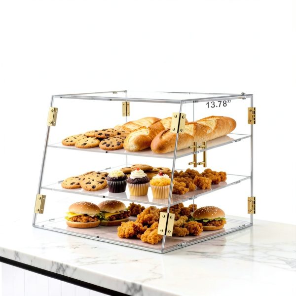 3-Tier Slanted Acrylic Bakery Display Case, 21"×17"×17" Commercial Countertop Pastry Showcase with Automatic-Closing Rear Doors for Donuts, Bagels, Macarons, Cupcakes-1