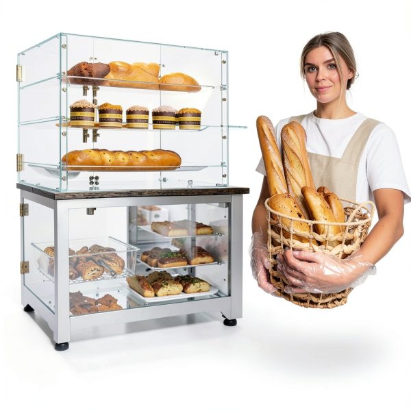 3 Tray Bakery Display Case for Commercial Countertop, 21" x 16" x 14" Acrylic Pastry Display Case with Magnetic Rear Doors & Removable Trays for Desserts Bread Donut Bagels-3