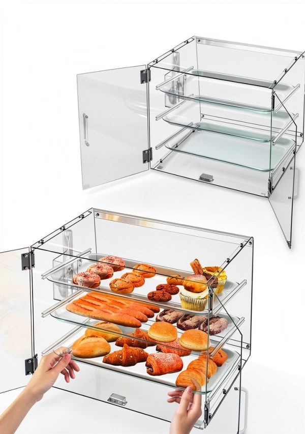 Malphi Acrylic 3-Tier Cafe Bakery Display Case, 21 x 17 x 16 inch, Removable Tray Shelves, Commercial Countertop Dessert Display Pastry Box with Magnetic Rear Door Access 3 Trays and bread clip-4