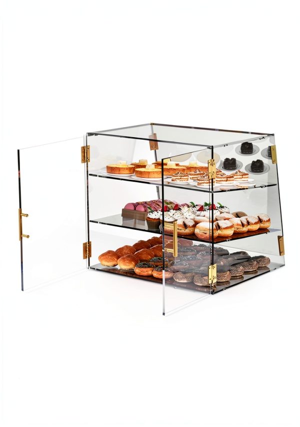 3-Tier Slanted Acrylic Bakery Display Case, 21"×17"×17" Commercial Countertop Pastry Showcase with Automatic-Closing Rear Doors for Donuts, Bagels, Macarons, Cupcakes-4