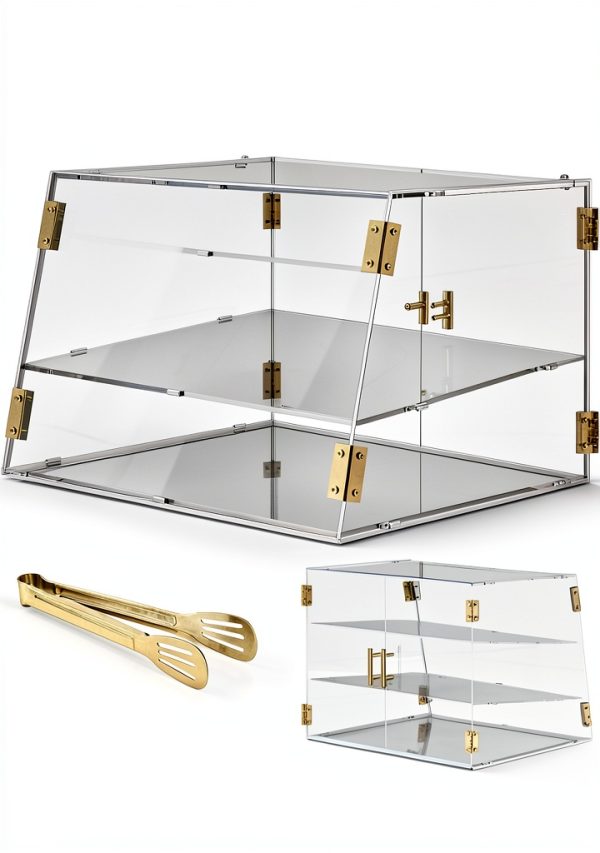 3-Tier Slanted Acrylic Bakery Display Case, 21"×17"×17" Commercial Countertop Pastry Showcase with Automatic-Closing Rear Doors for Donuts, Bagels, Macarons, Cupcakes-0