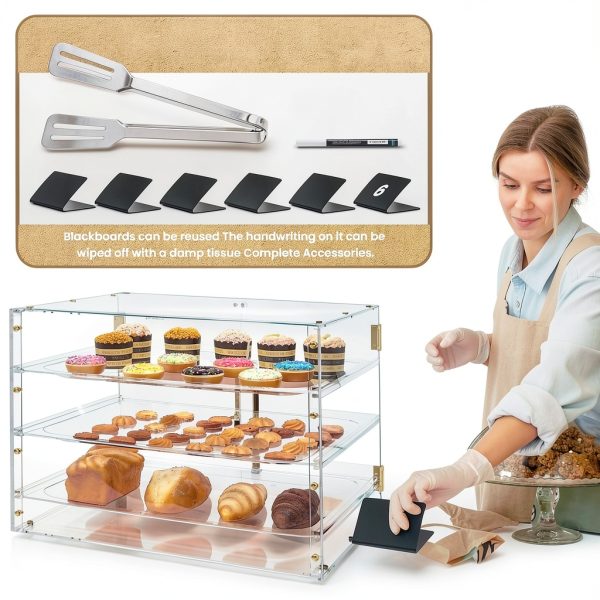 3 Tray Bakery Display Case for Commercial Countertop, 21" x 16" x 14" Acrylic Pastry Display Case with Magnetic Rear Doors & Removable Trays for Desserts Bread Donut Bagels-2
