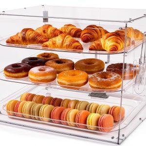 Malphi Acrylic 3-Tier Cafe Bakery Display Case, 21 x 17 x 16 inch, Removable Tray Shelves, Commercial Countertop Dessert Display Pastry Box with Magnetic Rear Door Access 3 Trays and bread clip-0