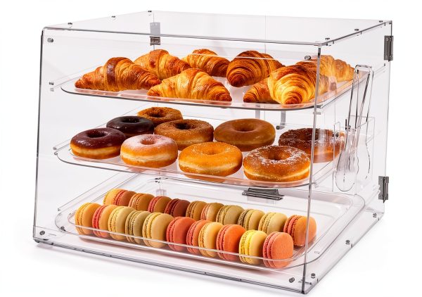 Malphi Acrylic 3-Tier Cafe Bakery Display Case, 21 x 17 x 16 inch, Removable Tray Shelves, Commercial Countertop Dessert Display Pastry Box with Magnetic Rear Door Access 3 Trays and bread clip-0
