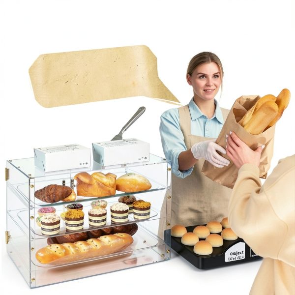 3 Tray Bakery Display Case for Commercial Countertop, 21" x 16" x 14" Acrylic Pastry Display Case with Magnetic Rear Doors & Removable Trays for Desserts Bread Donut Bagels-1