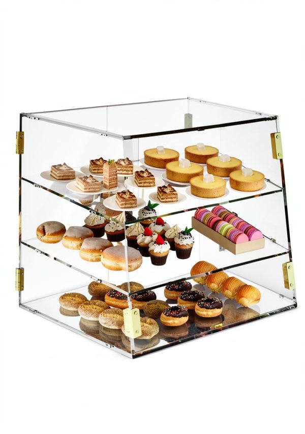3-Tier Slanted Acrylic Bakery Display Case, 21"×17"×17" Commercial Countertop Pastry Showcase with Automatic-Closing Rear Doors for Donuts, Bagels, Macarons, Cupcakes-2
